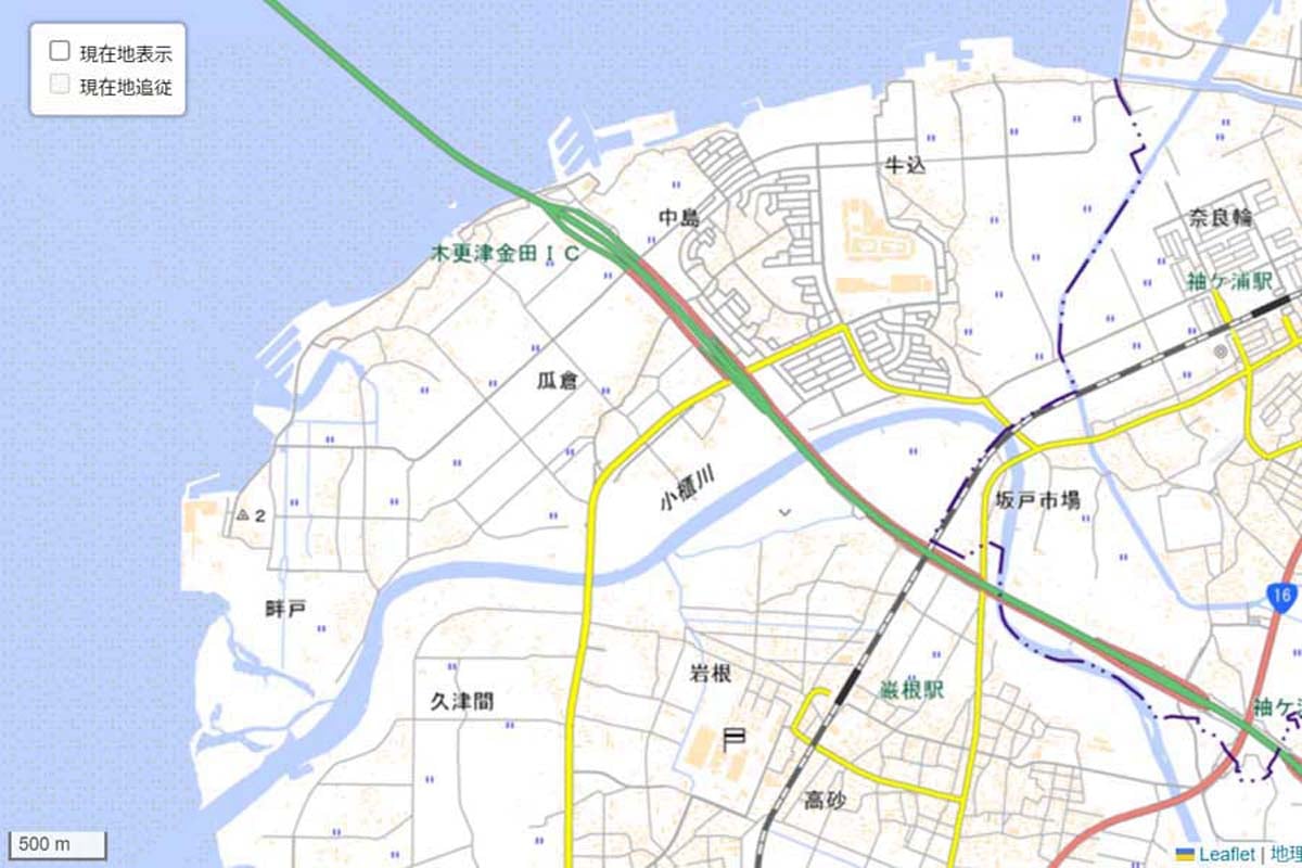 現在の「東京湾アクアライン」千葉県側周辺の地図（画像：国土地理院）