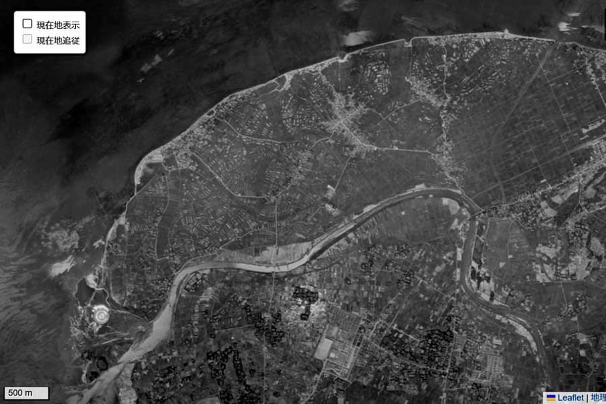 1963年頃に撮影された「東京湾アクアライン」千葉県側周辺の航空写真（画像：国土地理院）