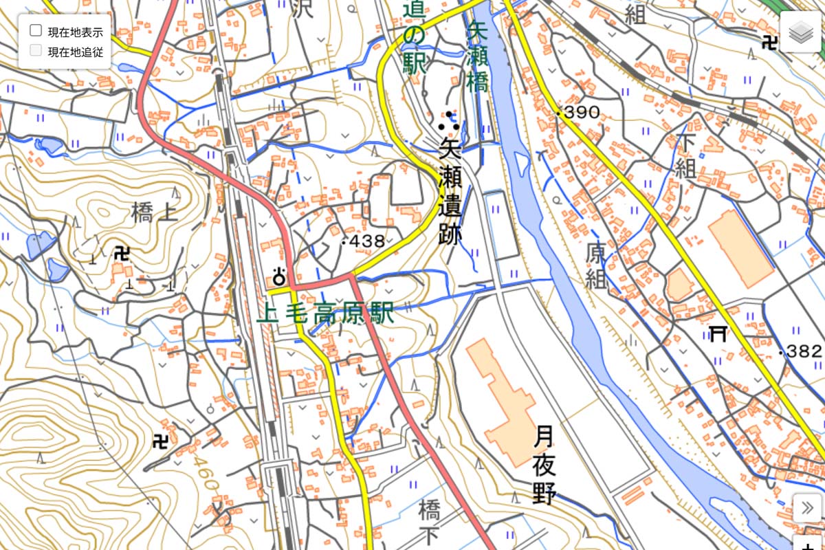 現在の「上毛高原駅」周辺の地図（画像：国土地理院）