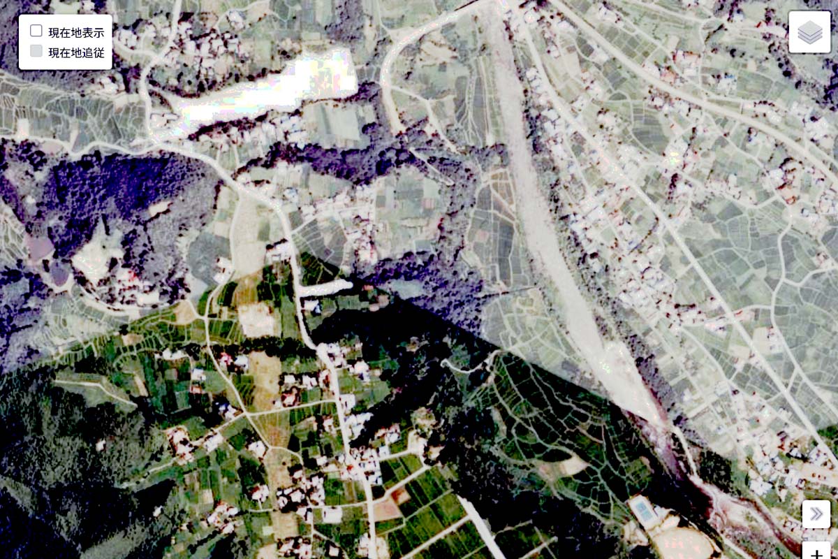 1975年頃の「上毛高原駅」周辺の航空写真。駅の開業は1982年（画像：国土地理院）