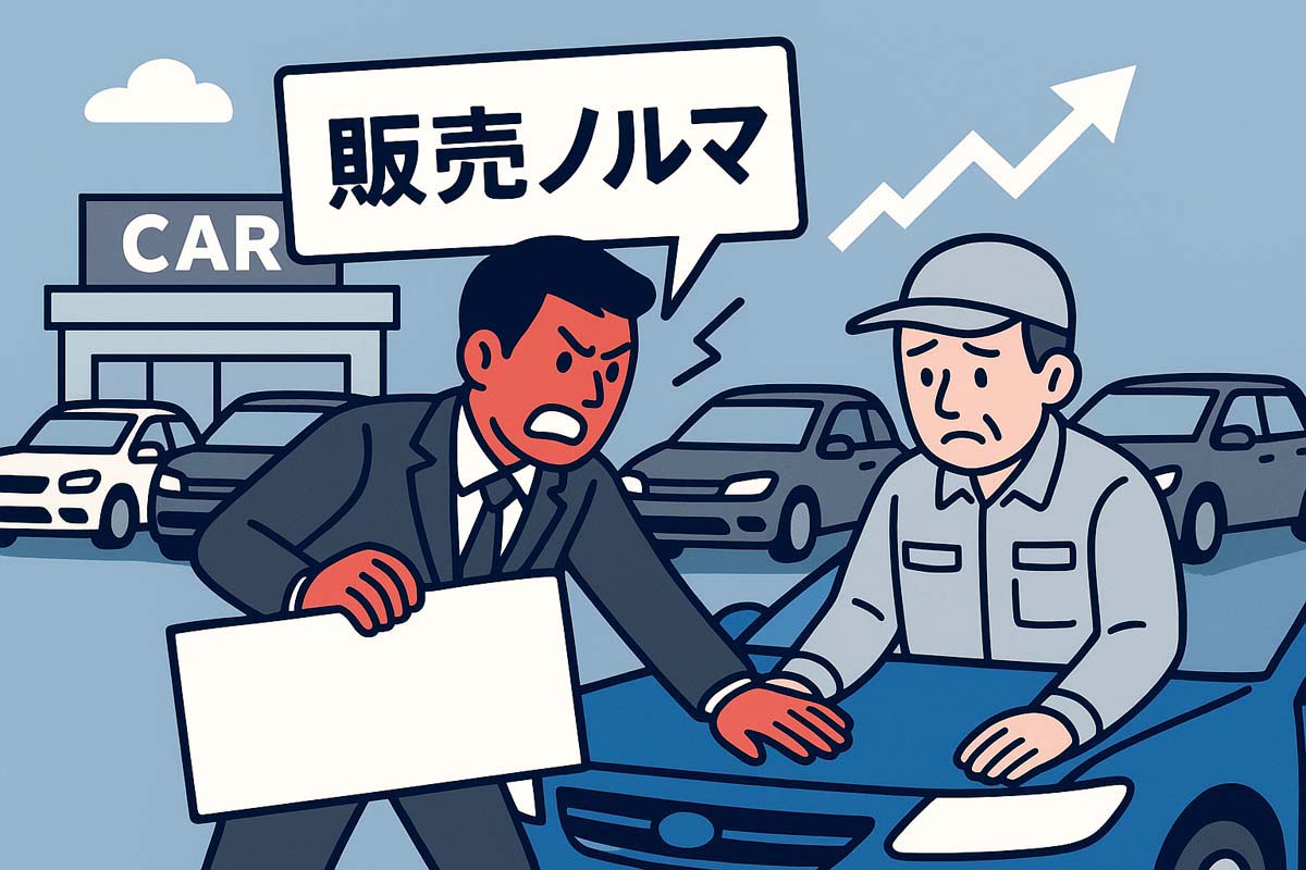 自動車業界における過剰な販売ノルマとディーラーへの圧力のイメージ。生成AIで作成。