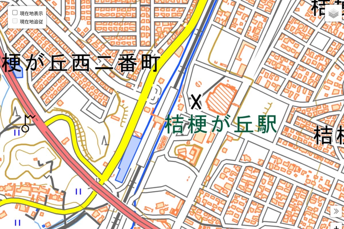 現在の「桔梗が丘駅」周辺の地図（画像：国土地理院）