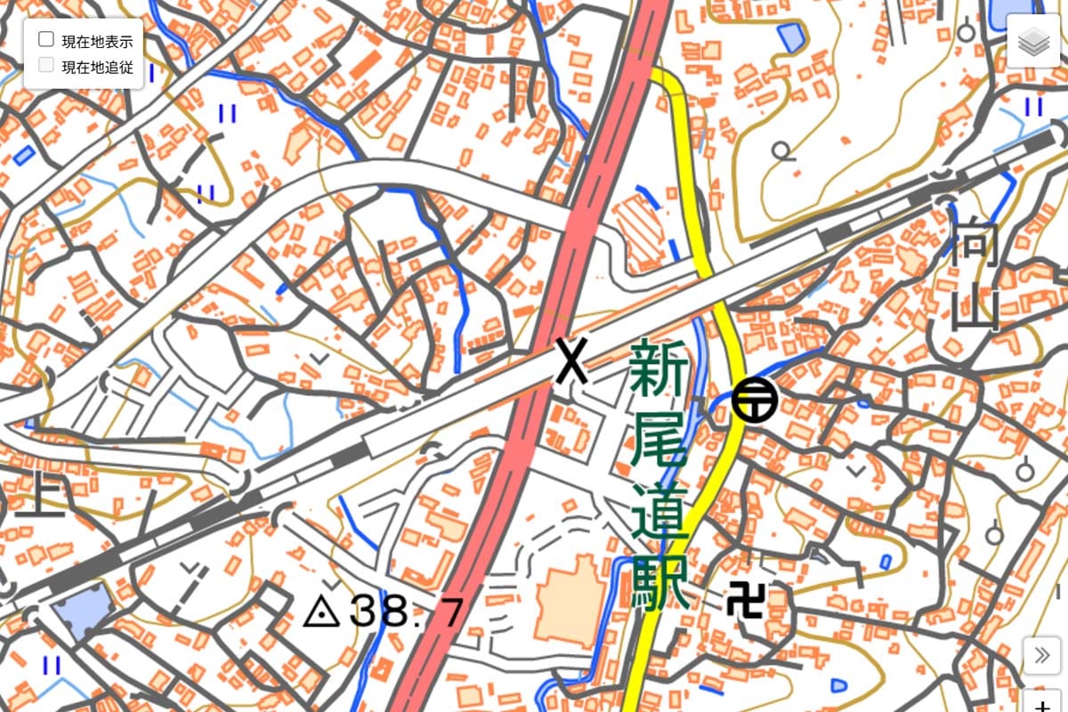 現在の「新尾道駅」周辺の地図（画像：国土地理院）