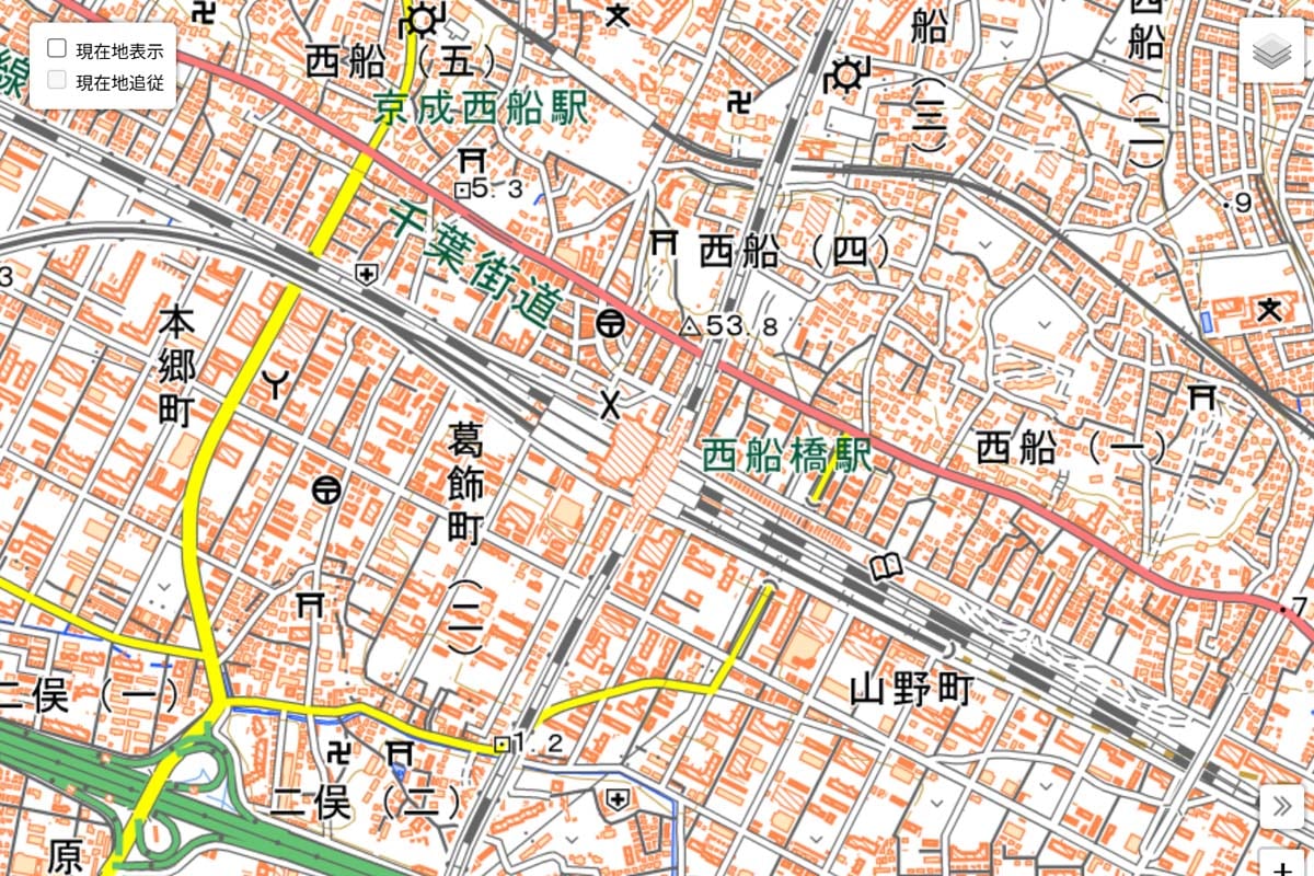 現在の「西船橋駅」周辺の地図（画像：国土地理院）