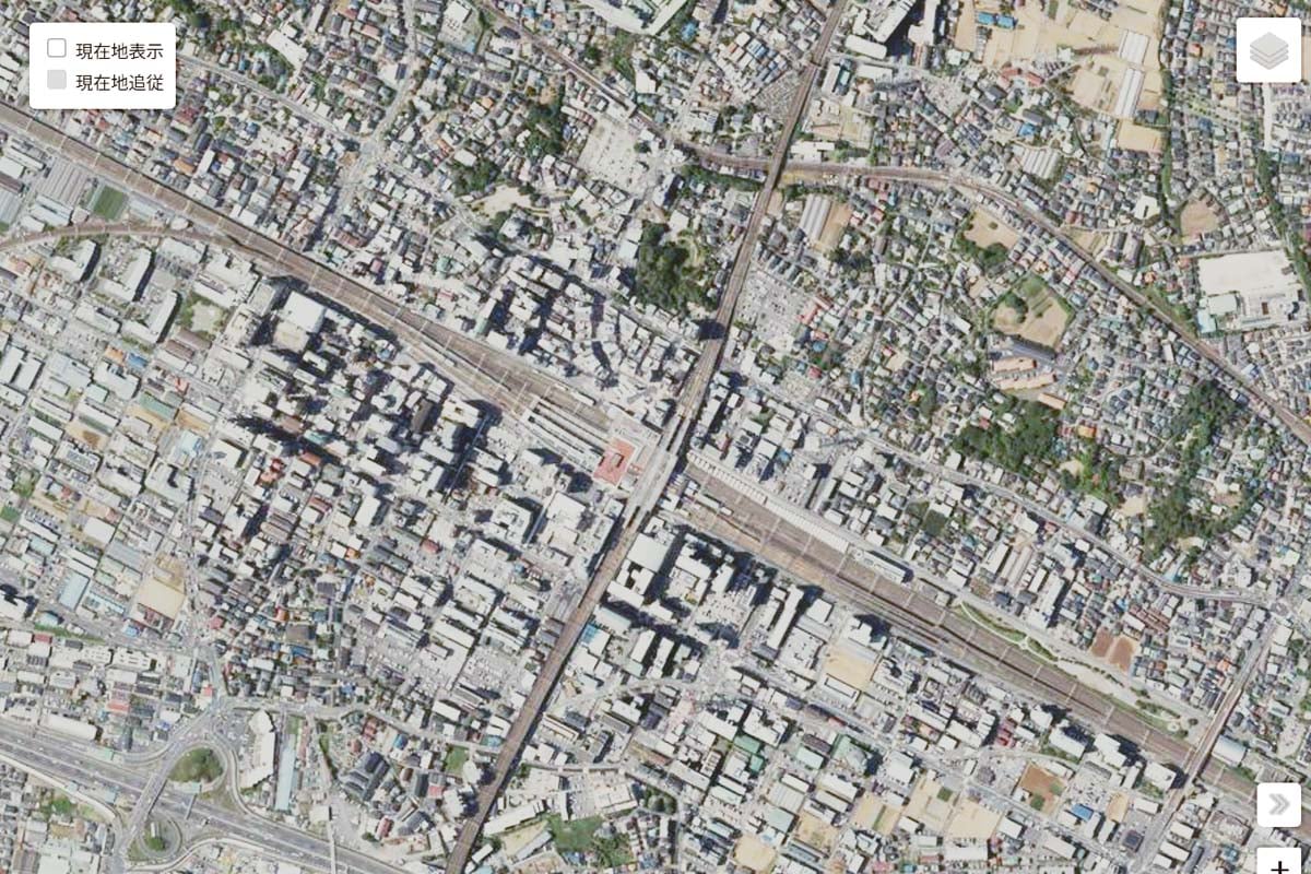 現在の「西船橋駅」周辺の航空写真（画像：国土地理院）