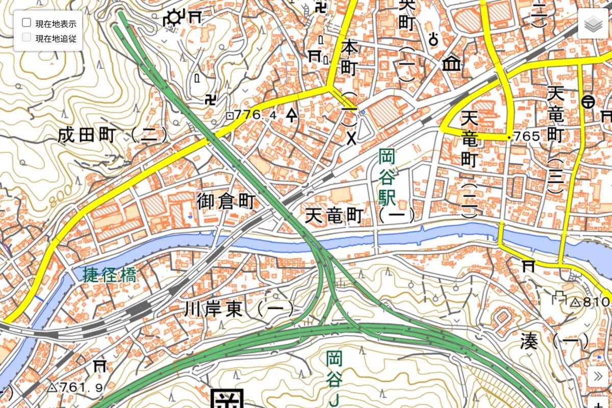 現在の「岡谷JCT」周辺の地図（画像：国土地理院）
