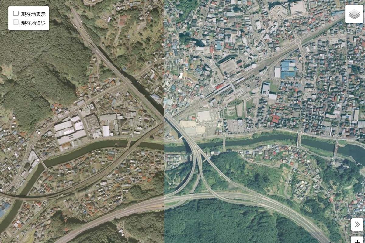 現在の「岡谷JCT」周辺の航空写真（画像：国土地理院）