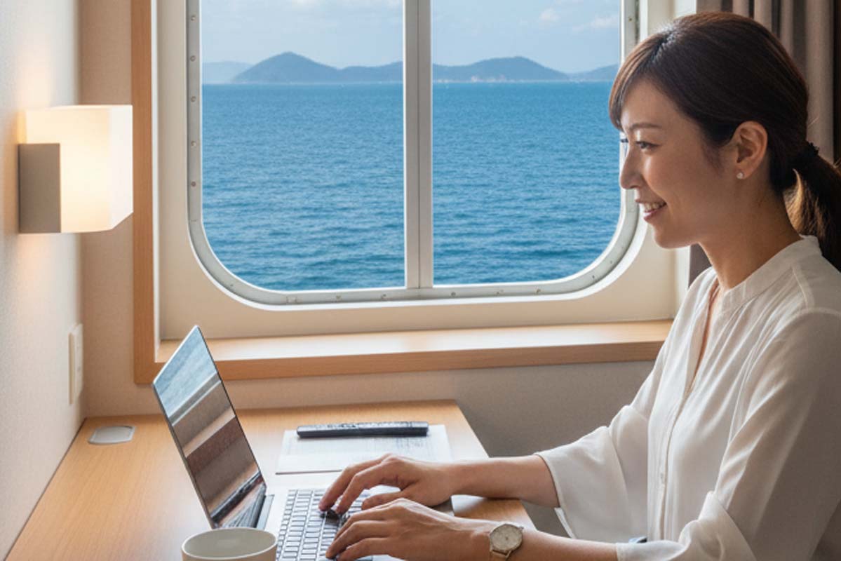 船内でのワーケーションイメージ。生成AIで作成。