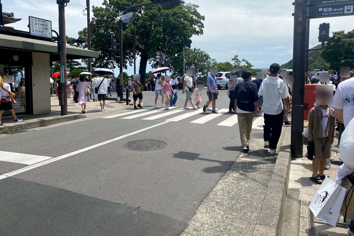 歩道からあふれ、車道を歩く観光客も出た嵐山（画像：高田泰）