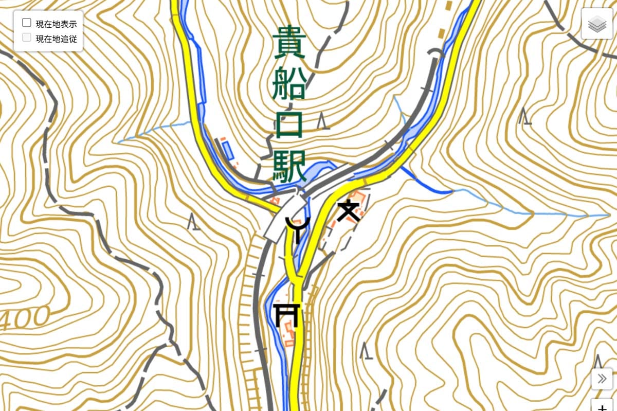 現在の「貴船口駅」周辺の地図（画像：国土地理院）