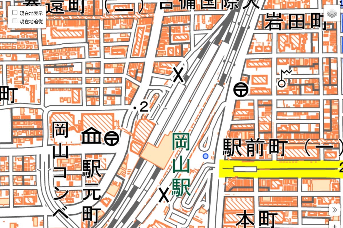 現在の「岡山駅」周辺の地図（画像：国土地理院）