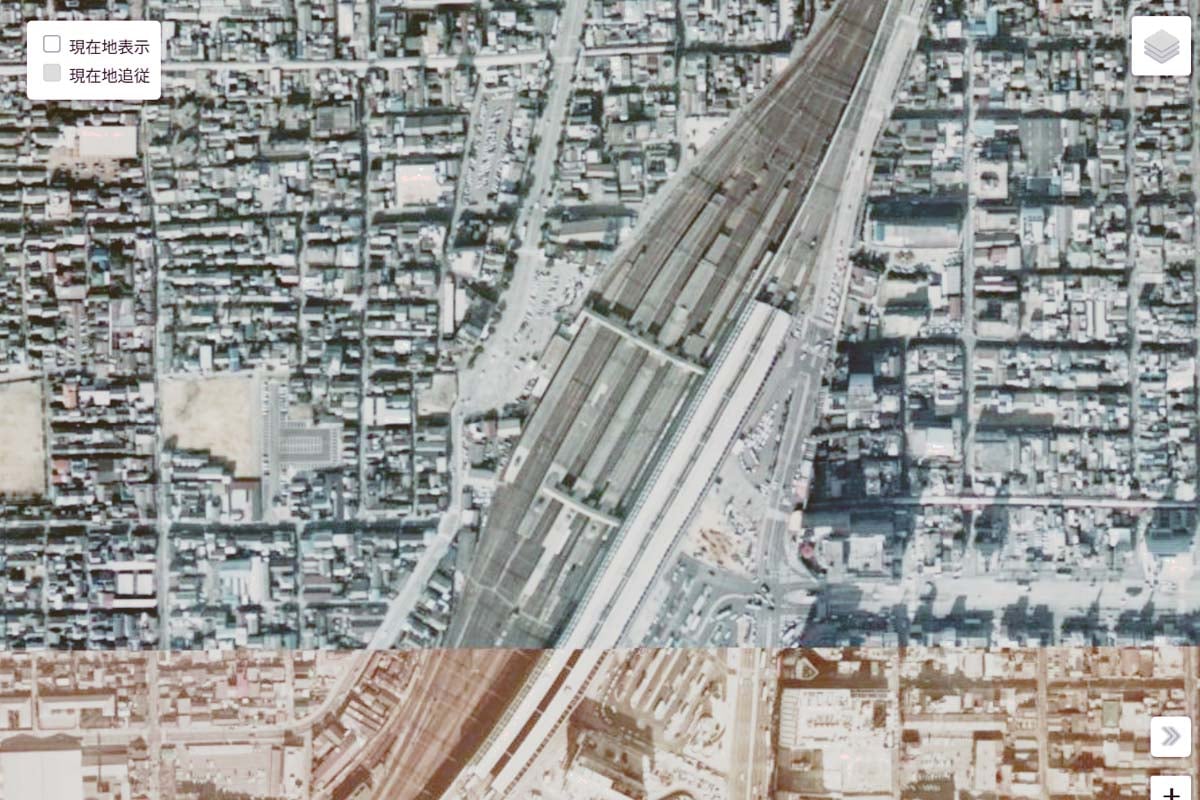 1975年頃の「岡山駅」周辺の航空写真（画像：国土地理院）