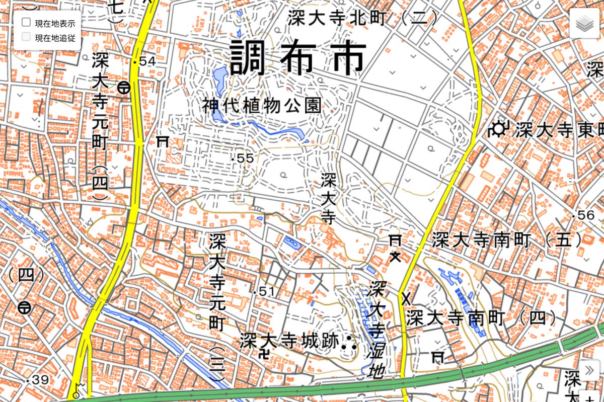 現在の「深大寺」周辺の地図（画像：国土地理院）
