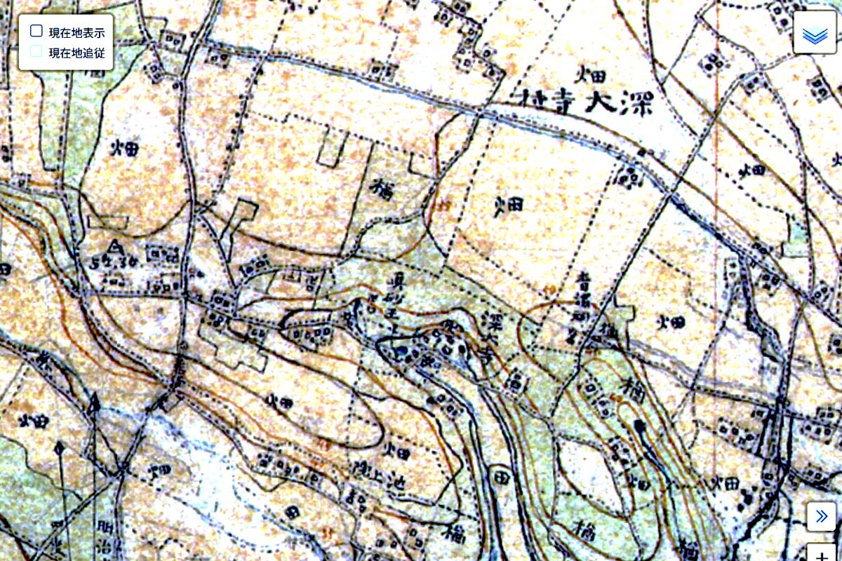 明治初期の「深大寺」周辺の迅速測図（画像：国土地理院）