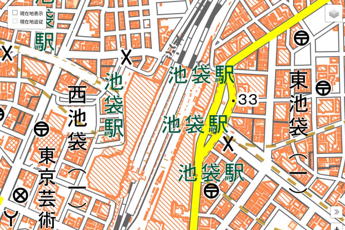 現在の「池袋駅」周辺の地図（画像：国土地理院）