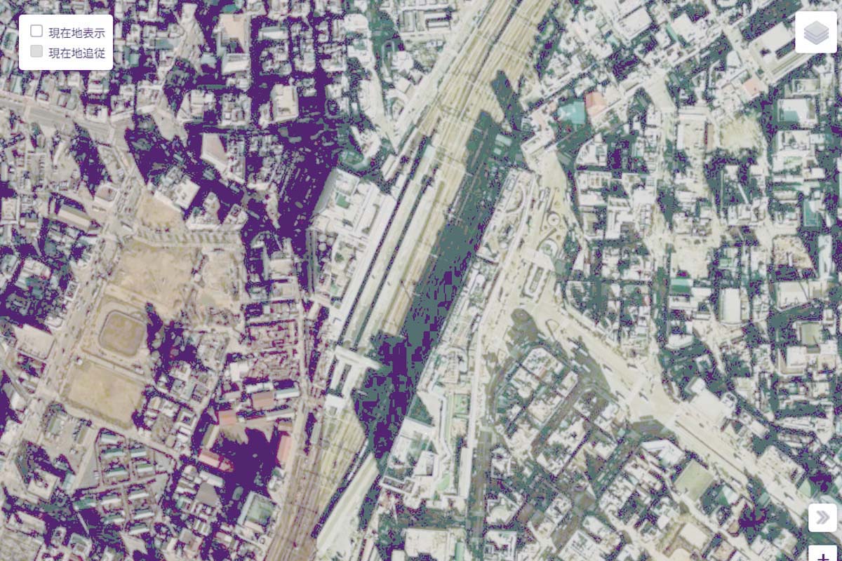 1975年頃の「池袋駅」周辺の航空写真（画像：国土地理院）