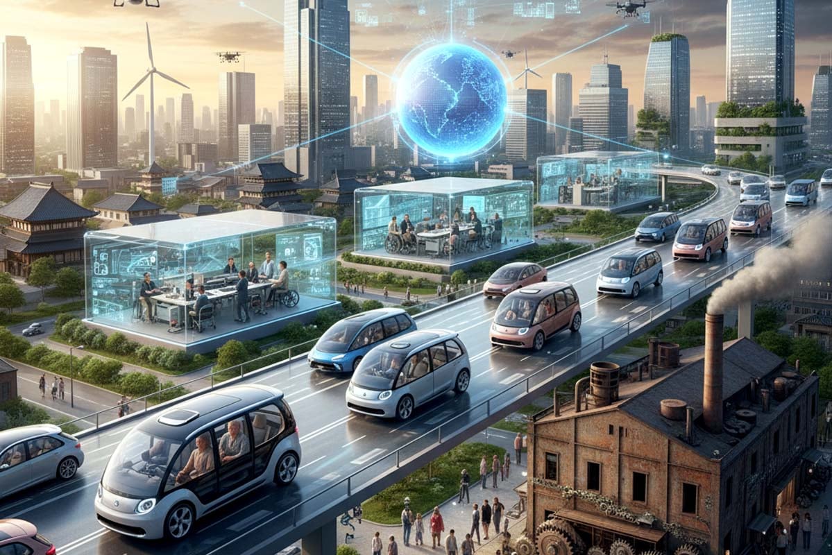 自動運転EVがシームレスに走行し、クリーンエネルギーで動く未来都市のイメージ。生成AIで作成。