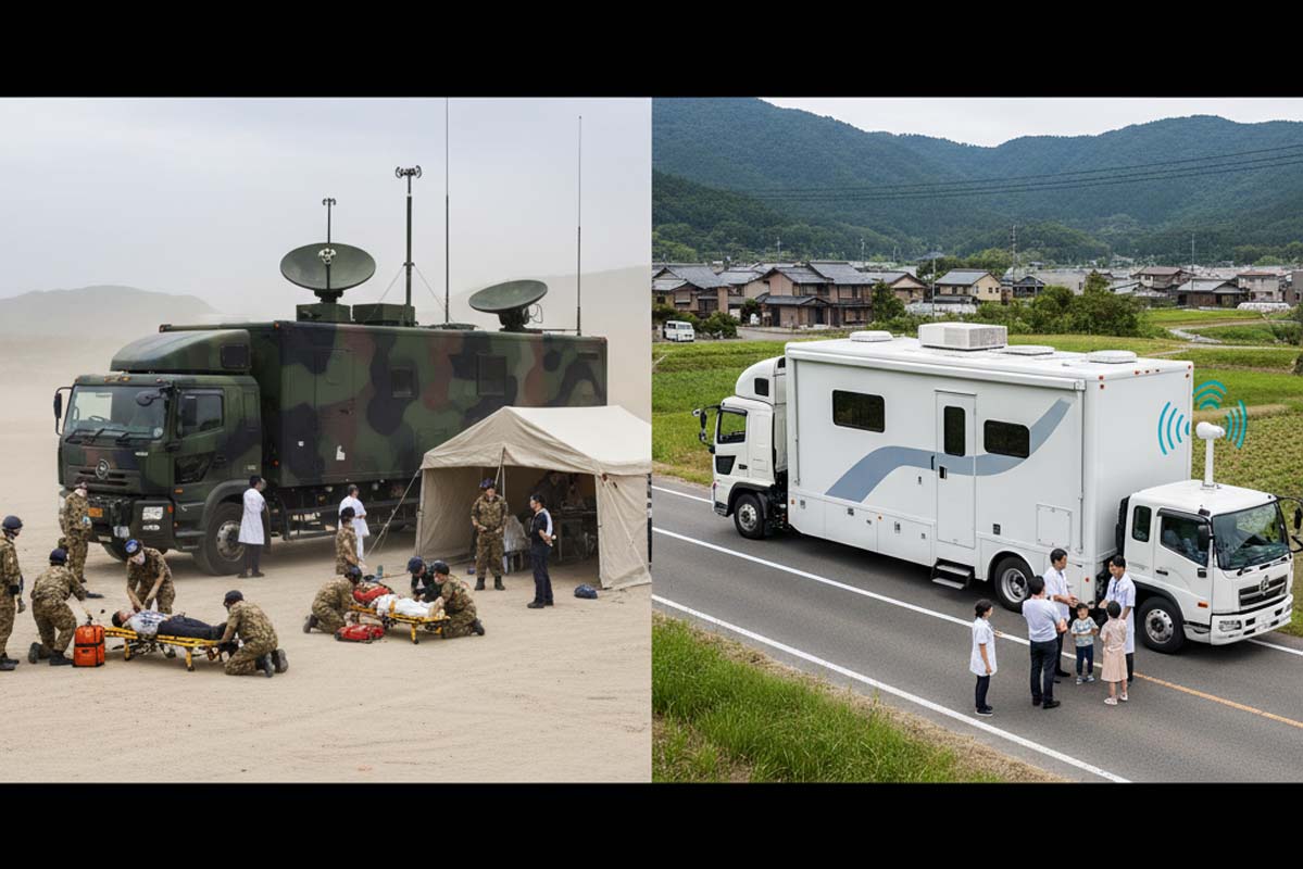 海外の移動型医療ユニット（左）と、日本の多機能・連携型移動医療ユニットのイメージ。生成AIで作成。