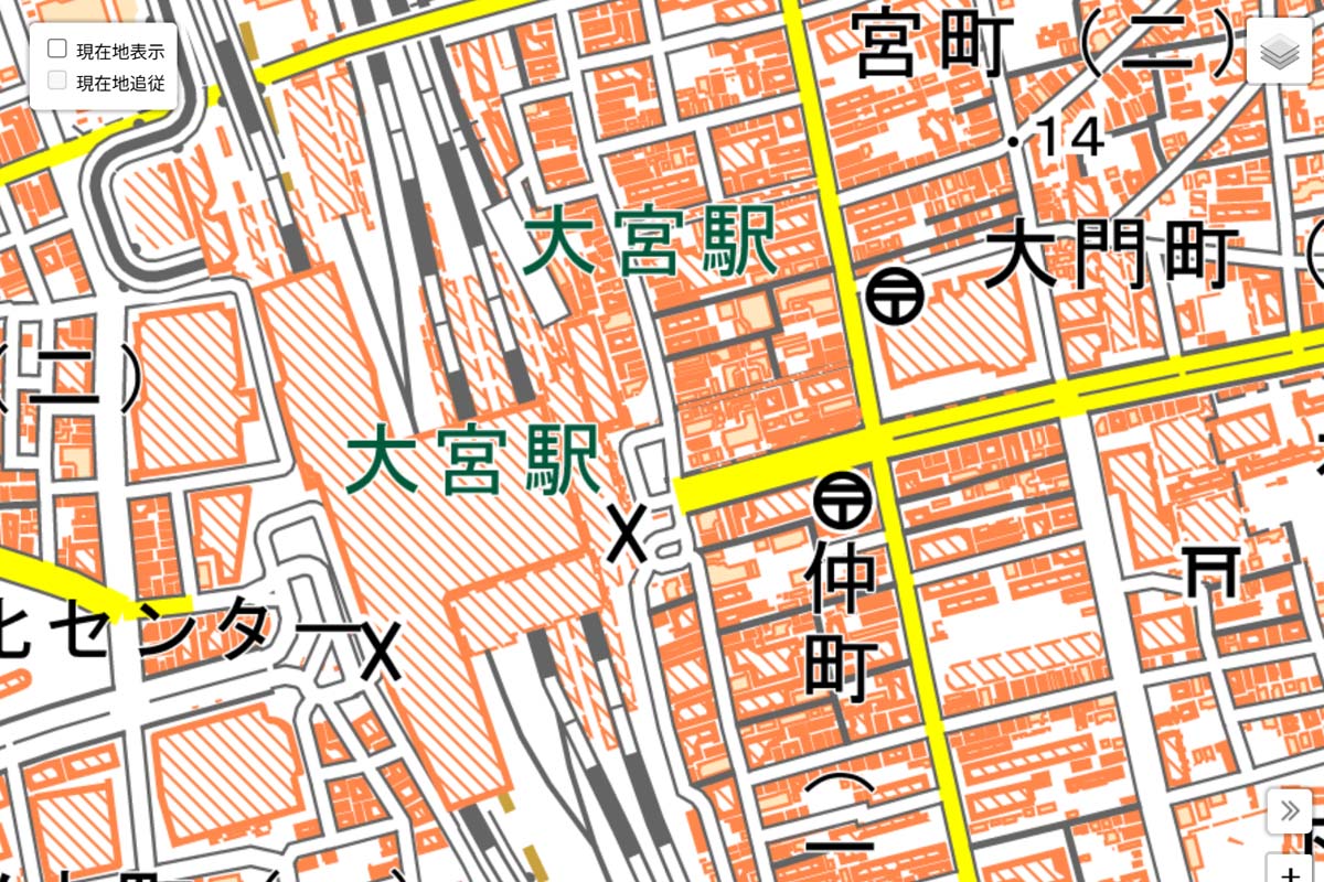 現在の「大宮駅」周辺の地図（画像：国土地理院）