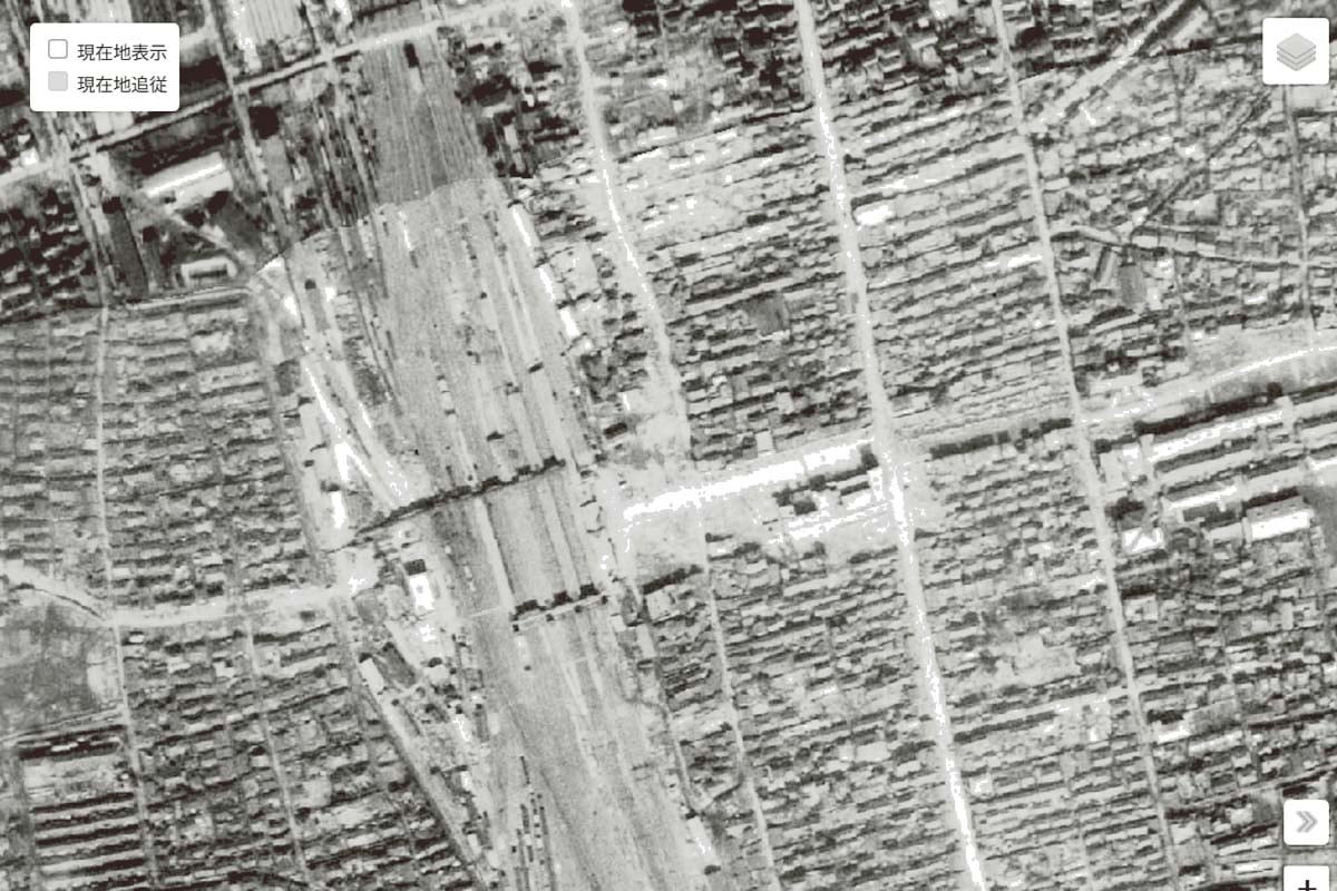 1947年頃の「大宮駅」周辺の航空写真（画像：国土地理院）