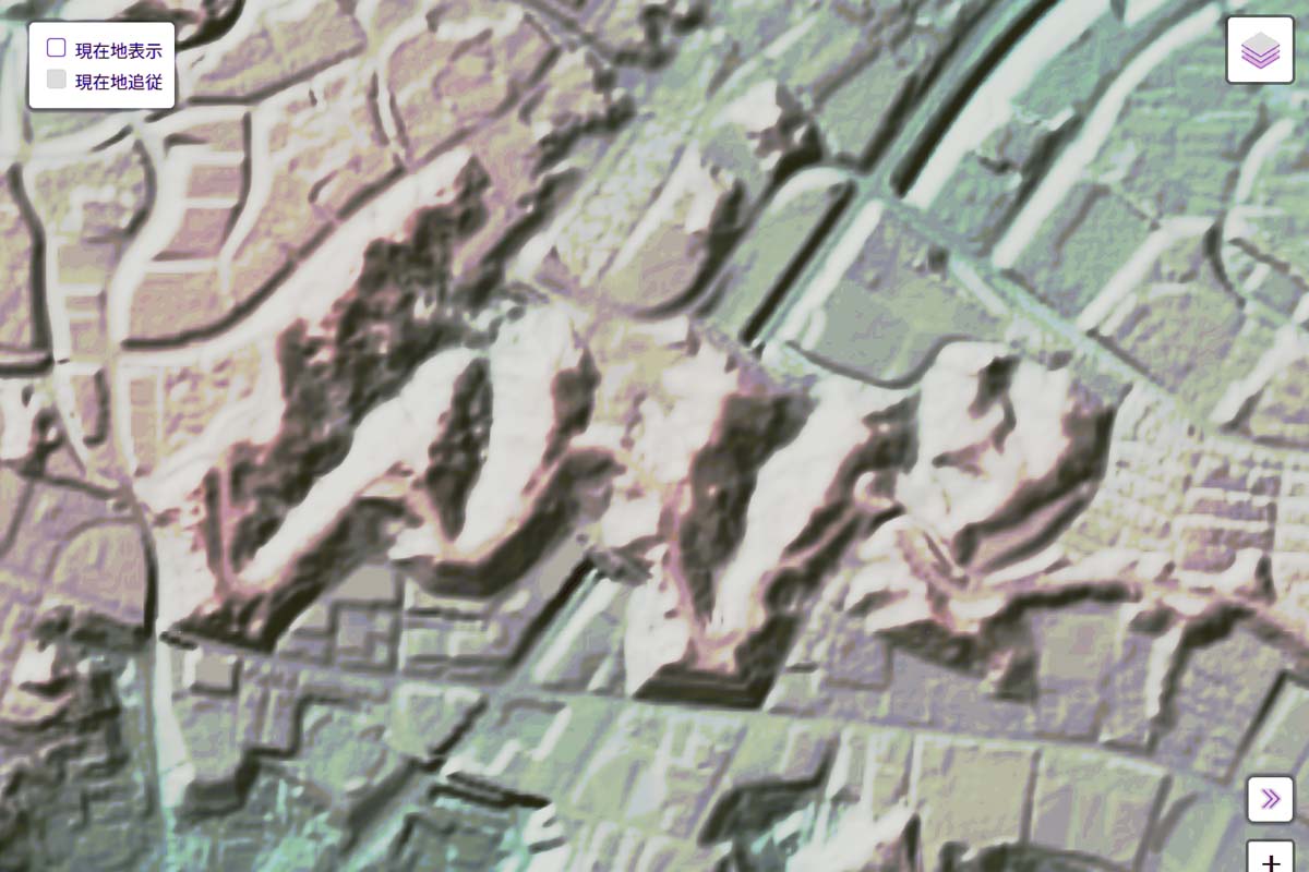 現在の「戦車道路」周辺の地形（画像：国土地理院）