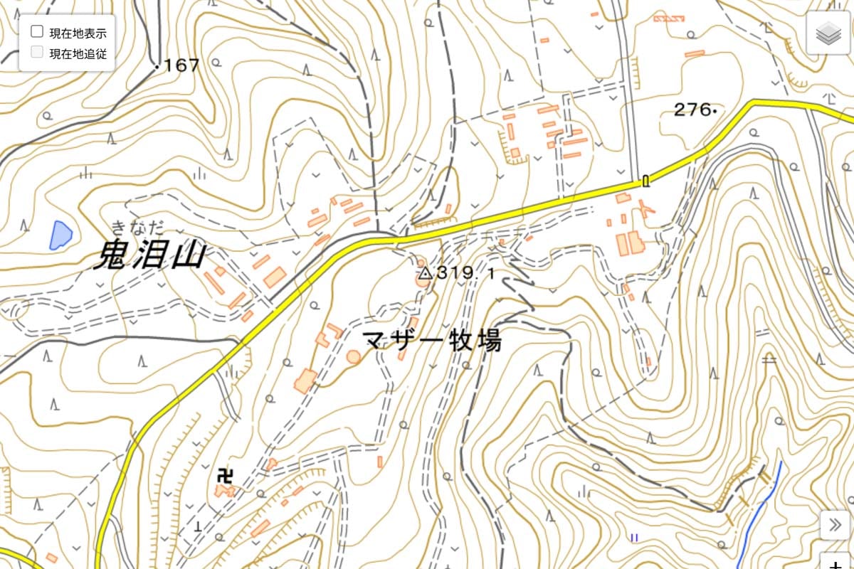 現在の「マザー牧場」周辺の地図（画像：国土地理院）