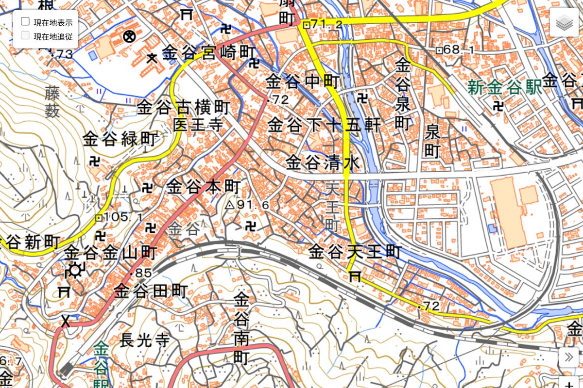 現在の「金谷駅」周辺の地図（画像：国土地理院）