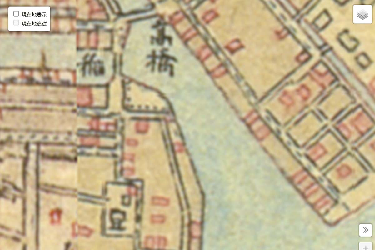 明治初期の「南高橋」周辺の迅速測図（画像：国土地理院）