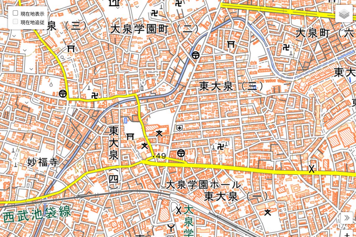 現在の「大泉学園駅」周辺の地図（画像：国土地理院）