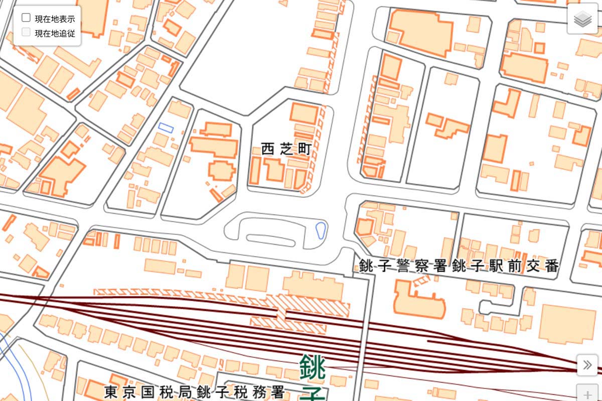 現在の「銚子駅」周辺の地図（画像：国土地理院）