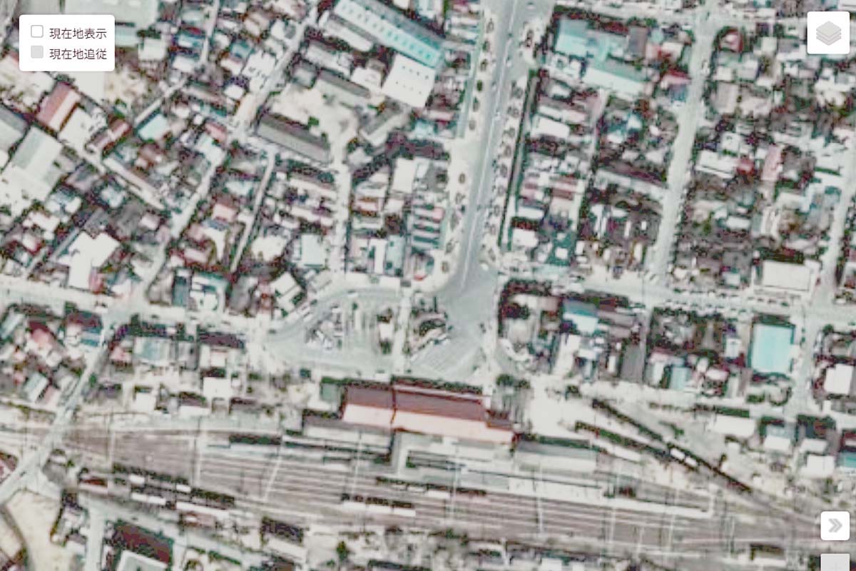 1975年頃の「銚子駅」周辺の航空写真（画像：国土地理院）