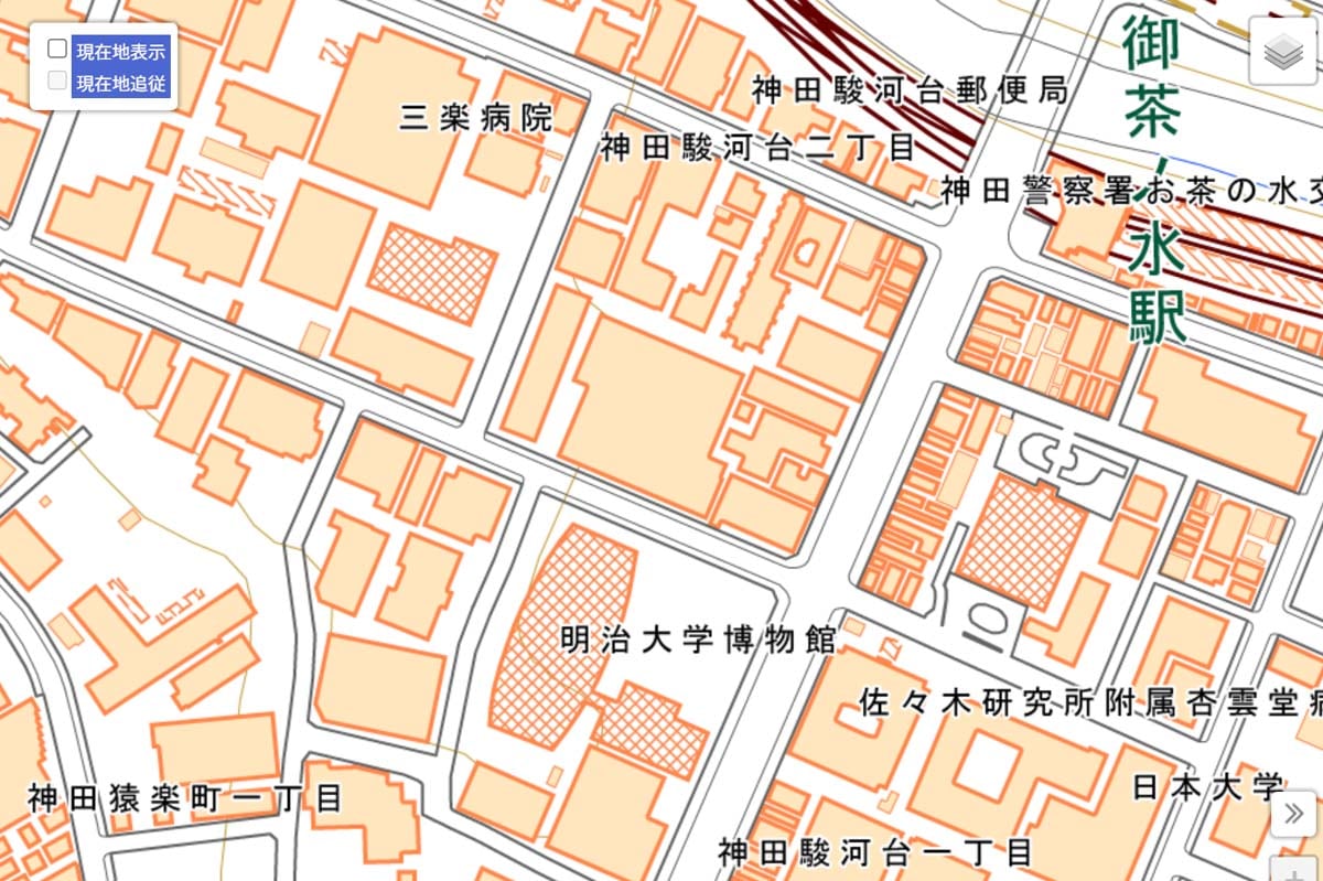 現在の「御茶ノ水駅」周辺の地図（画像：国土地理院）