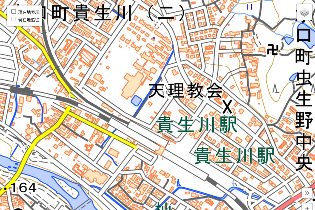 現在の「貴生川駅」周辺の地図（画像：国土地理院）