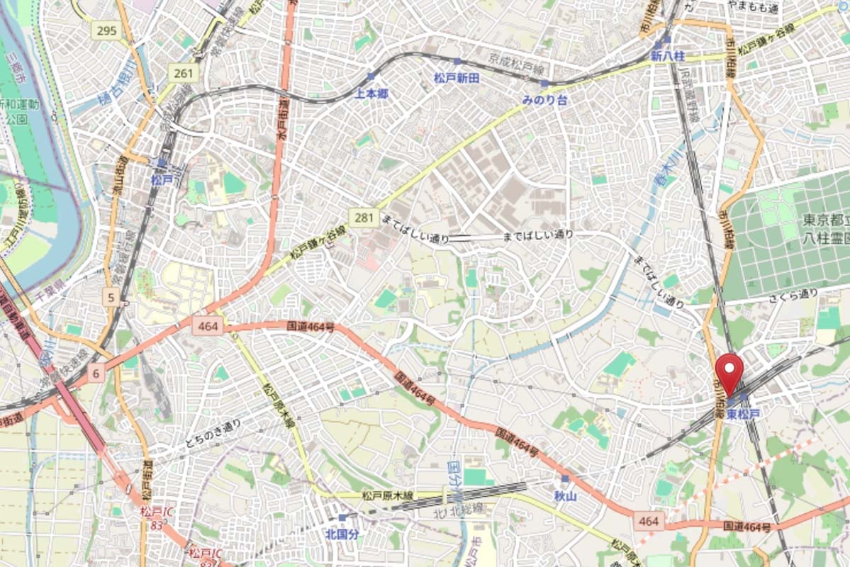 松戸駅と東松戸駅の位置関係（画像：OpenStreetMap）
