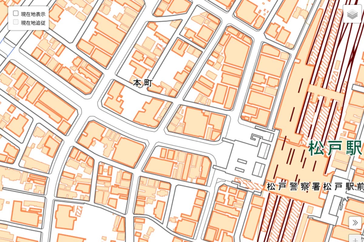 現在の「松戸駅」周辺の地図（画像：国土地理院）