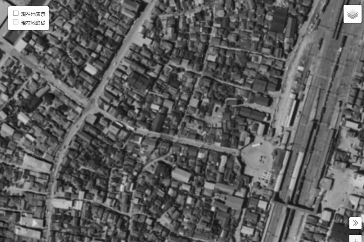 1963年頃の「松戸駅」周辺の航空写真（画像：国土地理院）