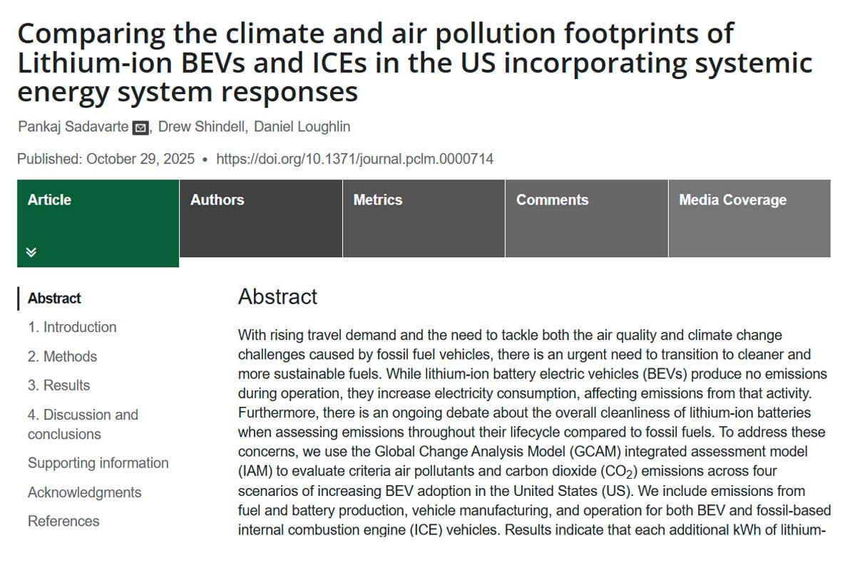リポート「米国におけるリチウムイオン電池式BEVと内燃機関車の気候・大気汚染フットプリント比較：エネルギーシステム全体の応答を考慮した分析」（画像：PLOS Climate）