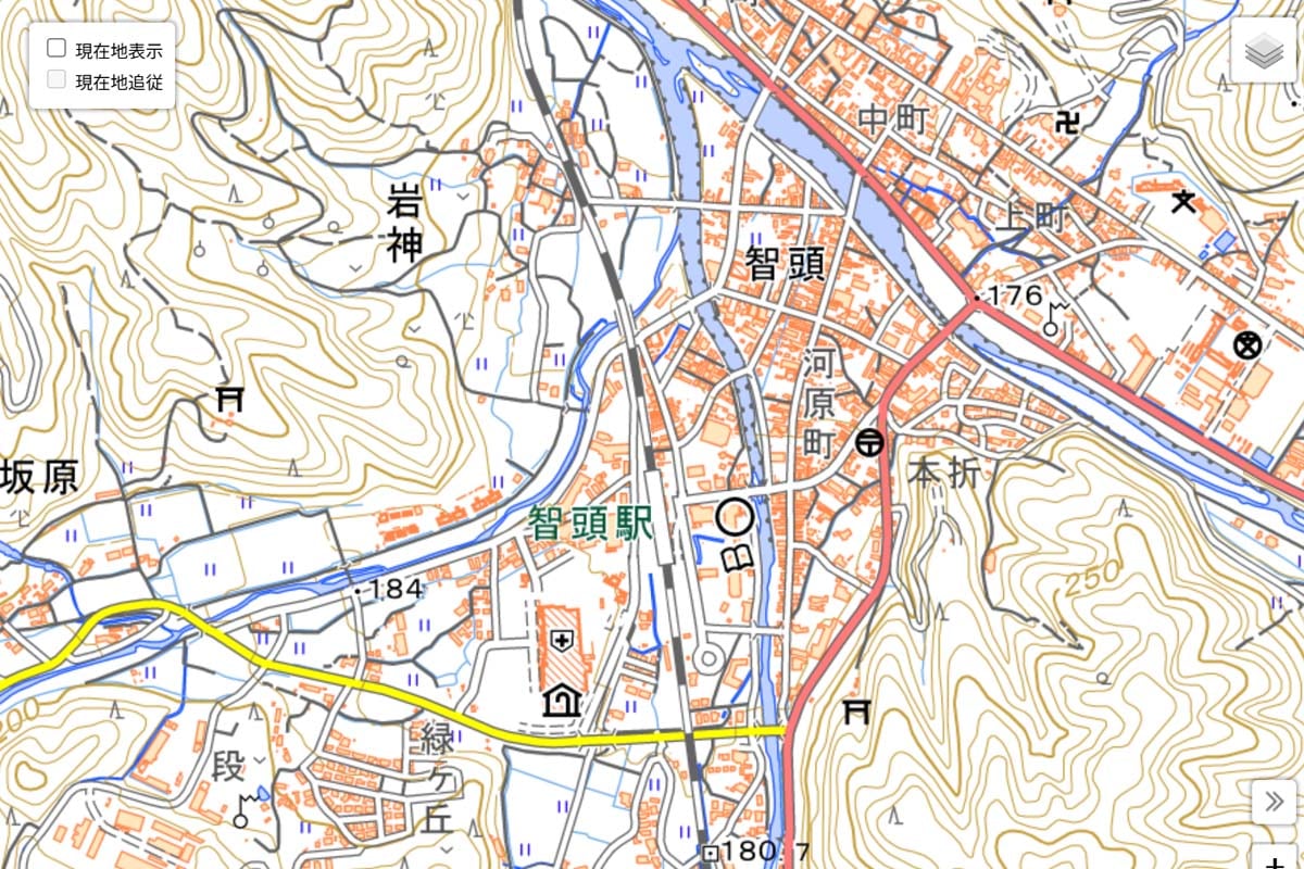 現在の「智頭駅」周辺の地図（画像：国土地理院）