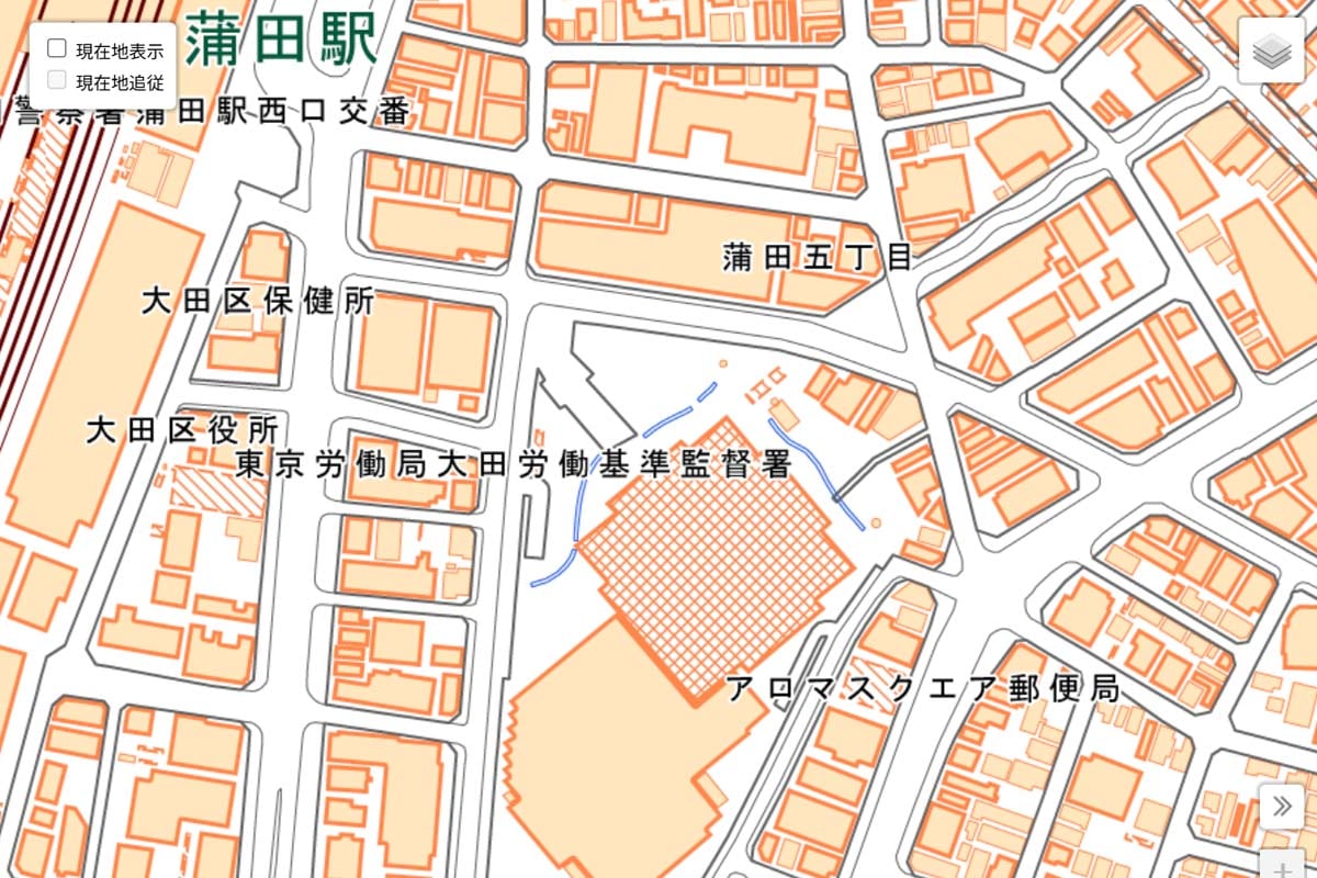 現在の「蒲田駅」周辺の地図（画像：国土地理院）