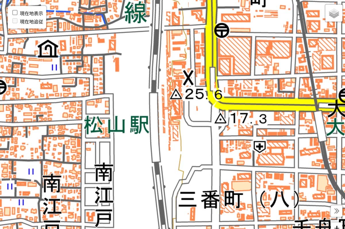 現在の「松山駅」周辺の地図（画像：国土地理院）