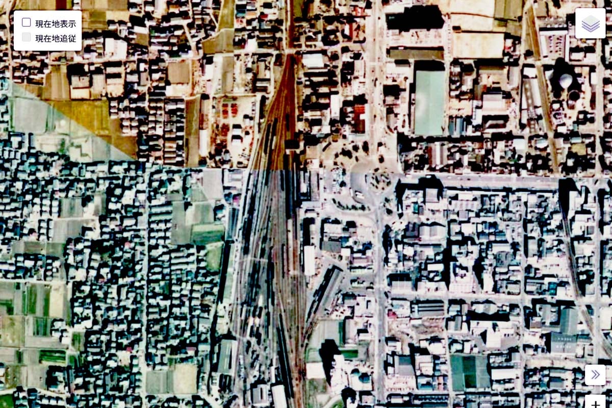 1975年頃の「松山駅」周辺の航空写真（画像：国土地理院）