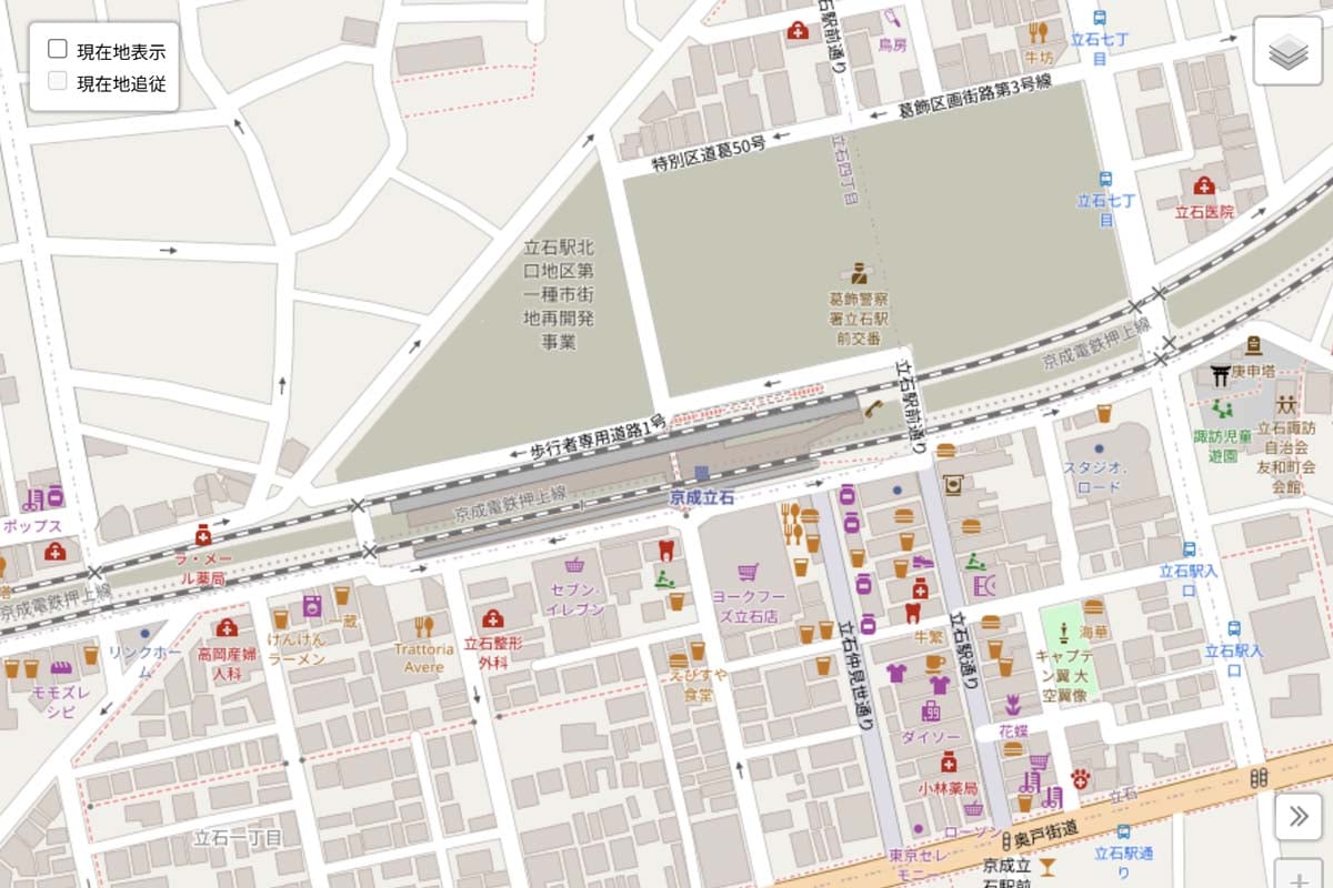 現在の「京成立石駅」周辺の地図（画像：OpenStreetMap）