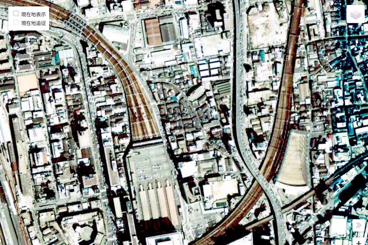 1974年頃の「茶屋町」周辺の航空写真（画像：国土地理院）