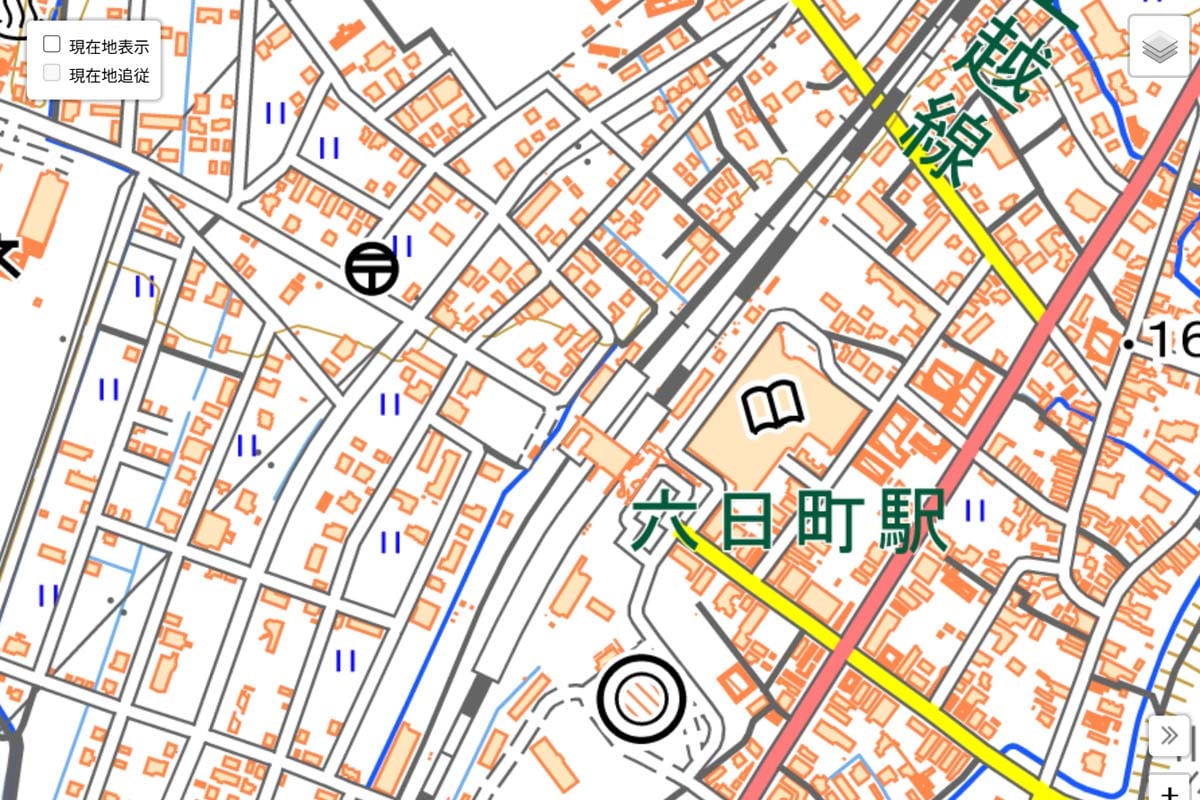 現在の「六日町駅」周辺の地図（画像：国土地理院）