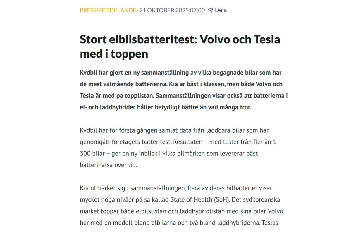 リポート「大規模な電気自動車バッテリーテスト:ボルボとテスラがトップに」(画像:Kvdbil)
