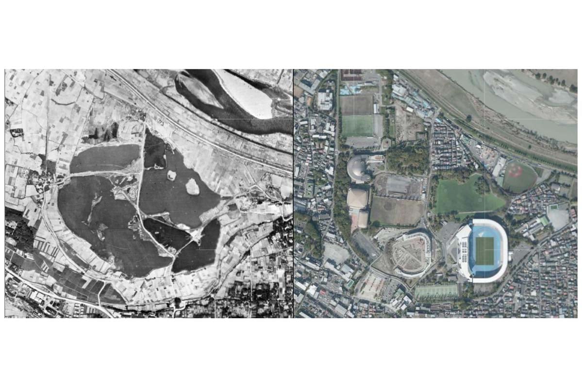 左は1947（昭和22）年頃の航空写真。右は現在の等々力緑地（画像：国土地理院、今昔マップ）