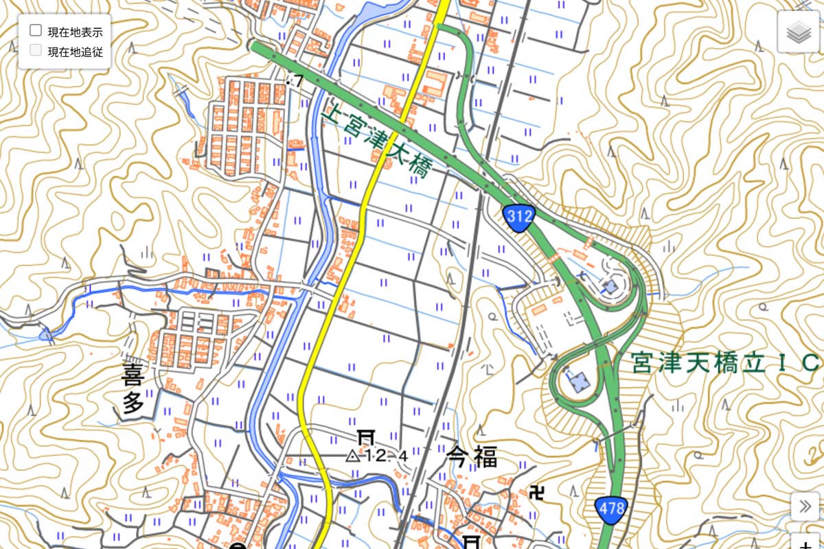 現在の「宮津天橋立IC」周辺の地図（画像：国土地理院）