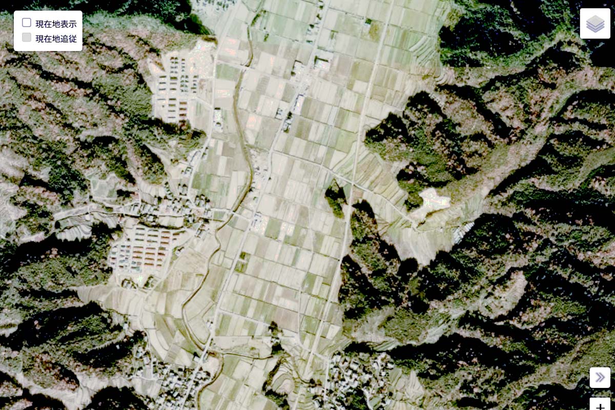 1975年頃の「宮津天橋立IC」周辺の航空写真。供用開始日は2003年（画像：国土地理院）