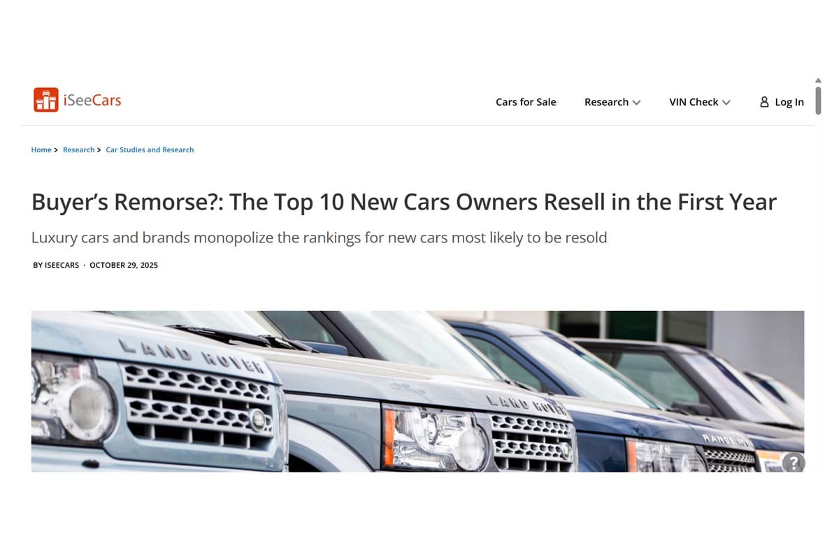 リポート「買い手後悔？：購入後1年で最も多く売却される新車トップ10」（画像：iSeeCars.com）