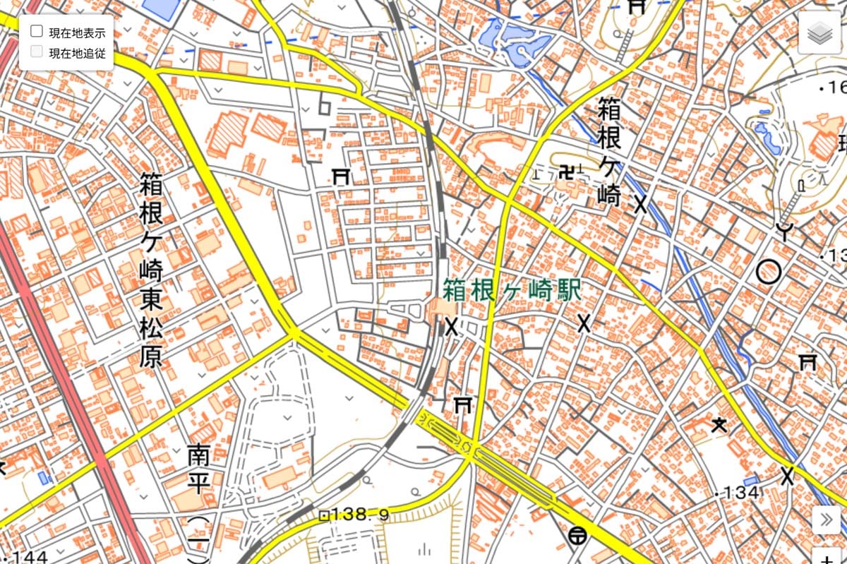 現在の「箱根ヶ崎駅」周辺の地図（画像：国土地理院）